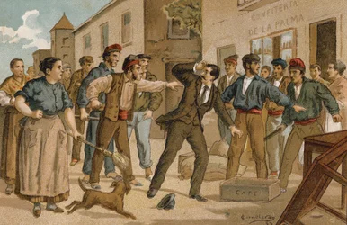 An Agent Confronted by an Angry Crowd Outside a Confectionery Shop